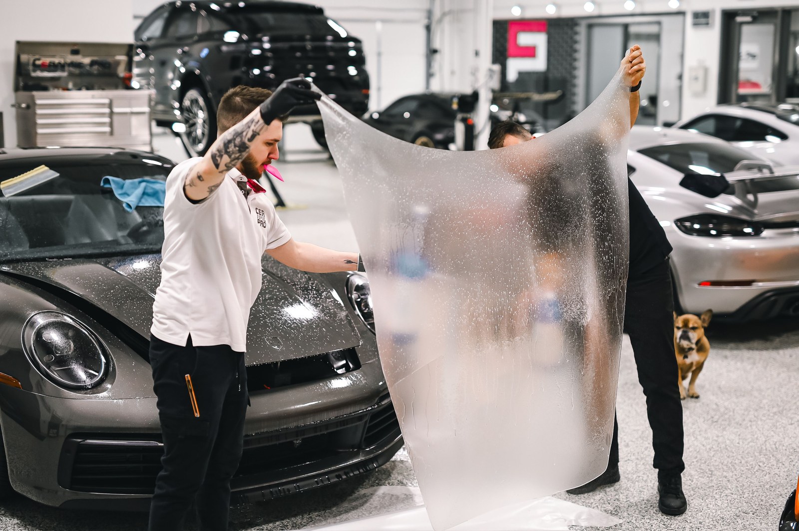 Protective film being applied to a car during a wrap installation